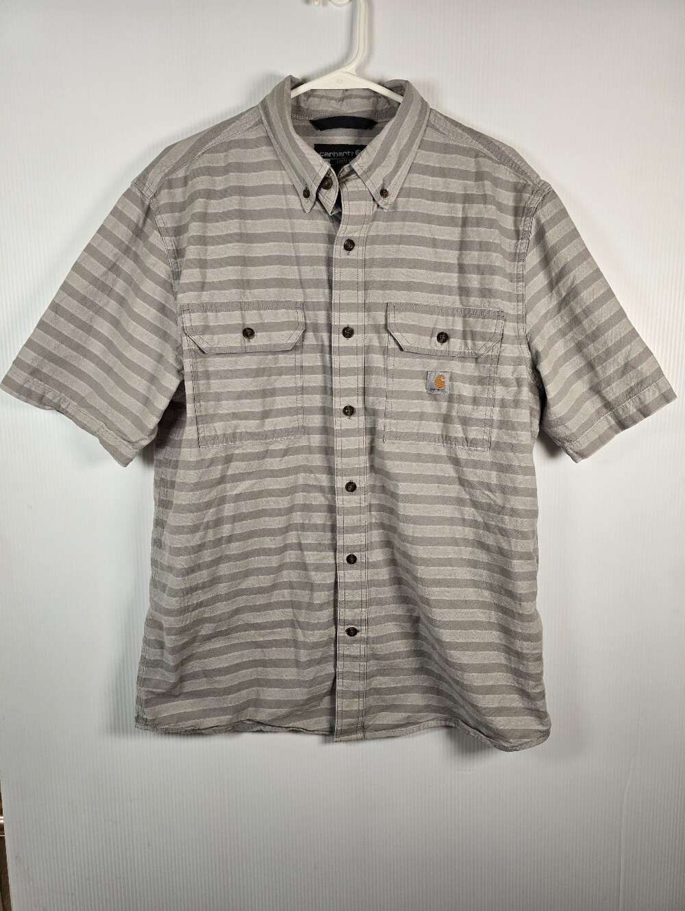 Carhartt Men's Gray & Cream Loose Fit Striped Short Sleeve Button Down Shirt M